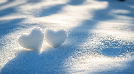 Fototapeta premium Two white hearts on the snow, with shadows cast by sunlight, romantic, beautiful, dreamy.