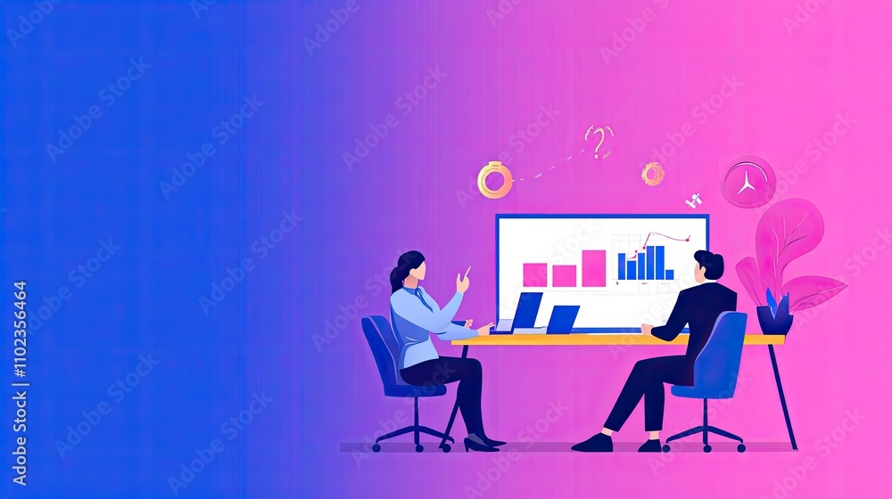 Poster business meeting with data analysis and graphs in modern office setting, professionals discussing tr