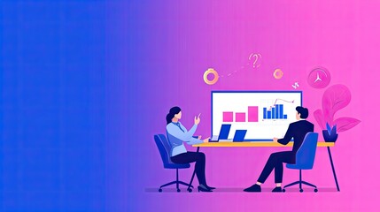 Business Meeting with Data Analysis and Graphs in Modern Office Setting, Professionals Discussing Trends and Strategies for Growth and Development in a Colorful Workspace