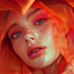 Stunning portrait of a young woman with vibrant makeup and orange fabric draping her face