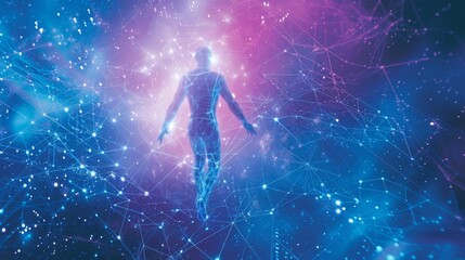Naklejka premium A glowing humanoid figure surrounded by vibrant blue and purple digital lines, evoking themes of technology, connectivity, and the future. AI generated at the end.