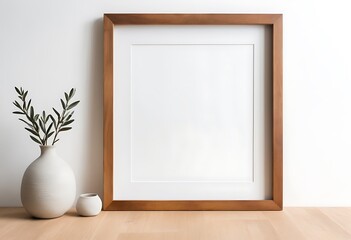 Wood frame mockup on white wall with pot of flowers on white surface. Dark wood. Copy space.