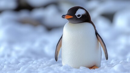 Obraz premium Gentle penguin strolling across a snowy landscape on a bright, clear day in the Antarctic