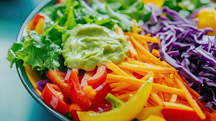 Colorful Fresh Salad with Mixed Vegetables, Including Red Peppers, Yellow Peppers, Carrots, Green Lettuce, Purple Cabbage, and Creamy Avocado Dressing in a Bowl