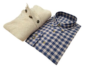 Beige Lambswool sweater with buttons at the neck and folded checked flannel shirt, isolated on white background