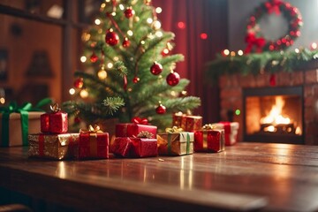 Christmas scene with decorated tree branch, presents gift boxes. Red and green colors