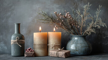 Cozy Rustic Still Life with Candles, Wrapped Gifts, and Dried Plants