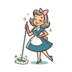 Smiling retro housewife mopping floor, vintage maid illustration, cheerful cartoon character in apron and gloves, home cleaning concept. Isolated vector illustration 