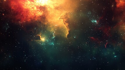 Naklejka premium A vibrant cosmic scene filled with colorful nebulae, stars, and deep space elements, evoking a sense of wonder and the vastness of the universe.