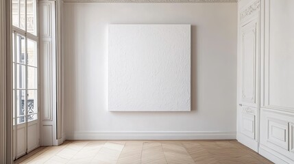 Fototapeta premium wall with minimalistic white painting, minimal luxury entrance hall daytime daylight, a picture frame holds a blank image