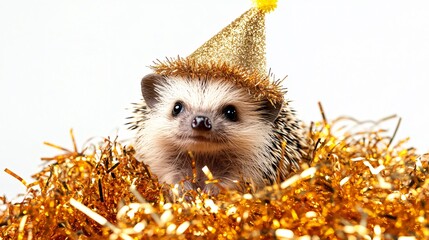 A tiny hedgehog wearing a miniature New Year’s hat and sitting in a nest of golden tinsel, isolated on a white background