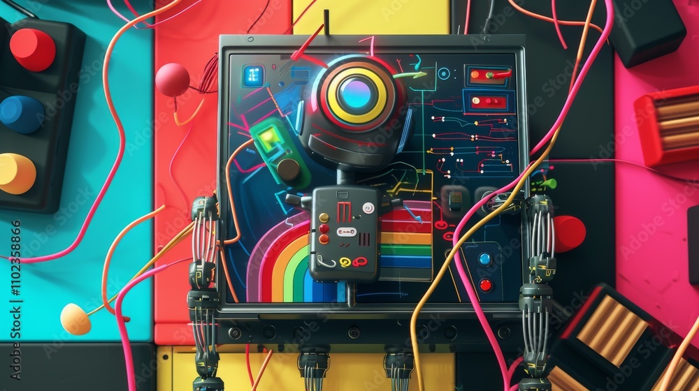 Poster robot interacts with a complex circuit board filled with colorful wires and electronic elements, con