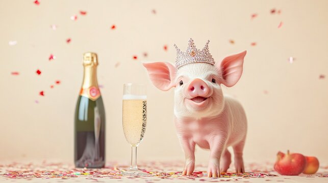 A tiny piglet wearing a New Year’s tiara, standing next to a bottle of sparkling juice, surrounded by confetti, isolated on a light beige background