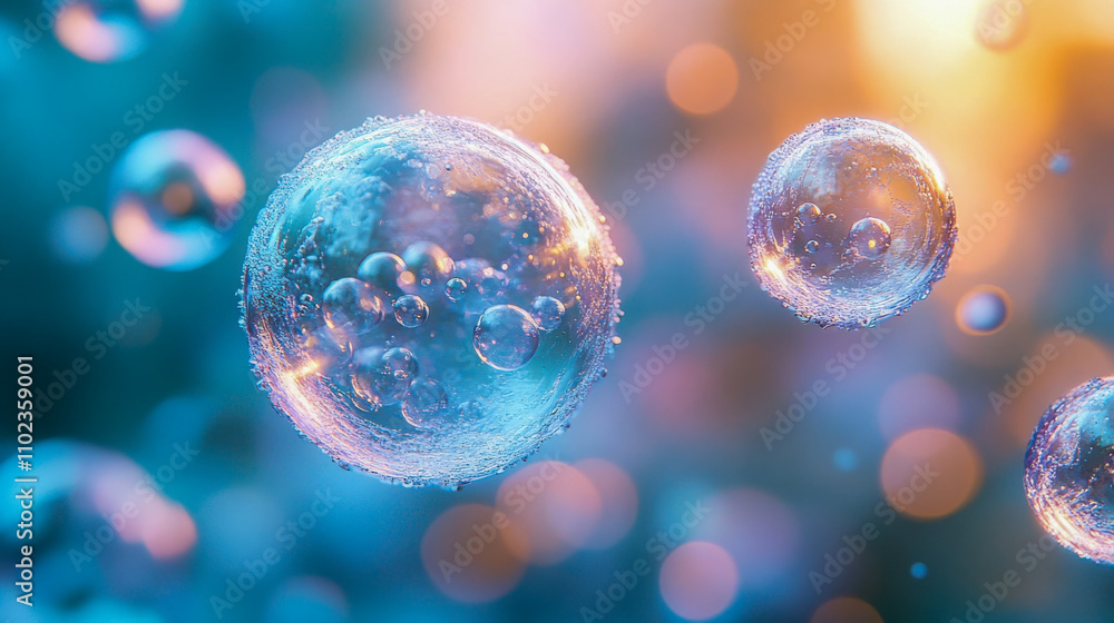 Poster vibrant floating bubbles in liquid with orange and blue highlights, creating an abstract and dreamy 