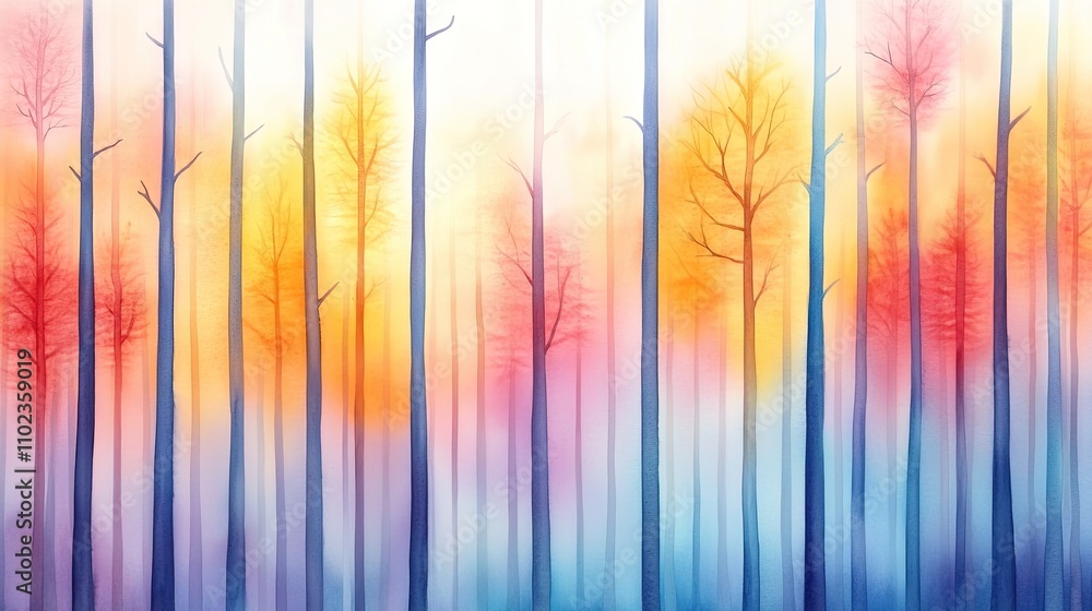 Poster enchanted forest landscape with soft color gradients and ethereal glow surrounded by tall trees in a