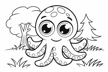 cute Squid, add some grass and a tree, coloring book
