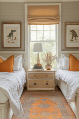 chambre à coucher enfants garçons, décoration dinosaures, lit douillet, intérieur 3D réaliste, décoration, tendance, architecte, design, mode, confortable, coloré, fun