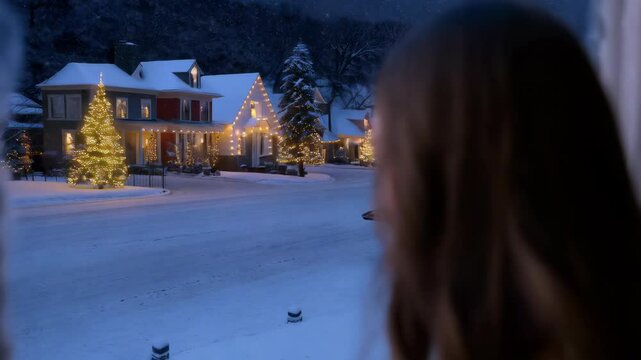 A beautiful young woman gazes out her window, her expression tinged with sadness as snow gracefully covers a sparkling holiday neighborhood, capturing winter's magic