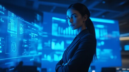 Confident businesswoman in modern office with futuristic holographic displays.