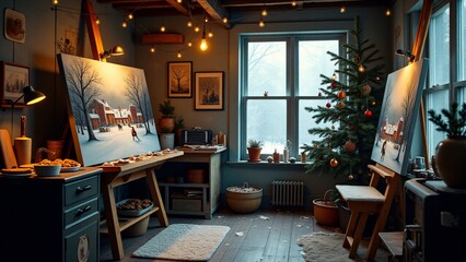 A charming art studio adorned with Christmas decorations, featuring a snowy window view, a beautifully lit tree, and an unfinished holiday painting on an easel.