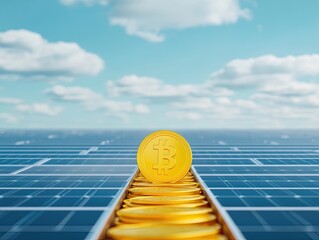 Golden Bitcoin Coin Displayed on a Solar Panel Background with Blue Sky and White Clouds, Representing Renewable Energy and Cryptocurrency Investment Opportunities