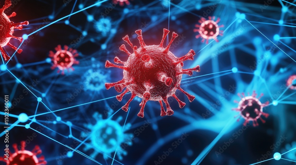 Poster intricate visualization of virus particles interacting with digital networks, representing the sprea