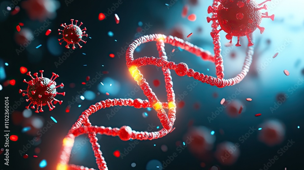 Poster abstract representation of dna helix intertwined with virus particles, showcasing the intricate rela