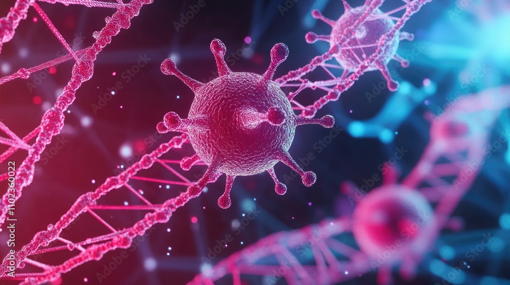 Aufkleber intricate close-up of dna double helix structure with digital virus model representation in vibrant 