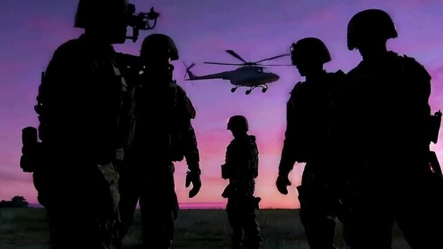 Soldiers and Helicopter at Sunset

