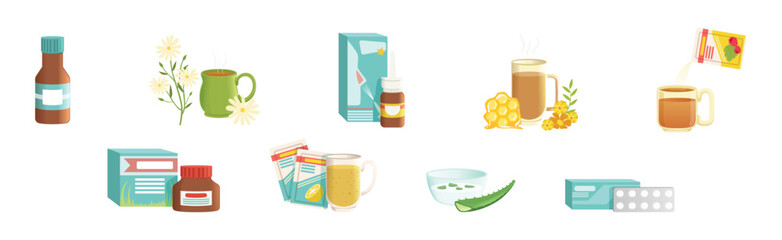 Different Cold and Flu Remedy and Treatment Vector Set