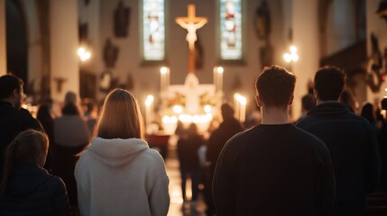 Congregation attending a church service, backs to camera, focus on two individuals.