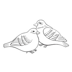 Two birds. Romantic outline ink vector graphic. Isolated line bird for Valentine day, Christmas, New Year, season postcard, invitation, kids coloring