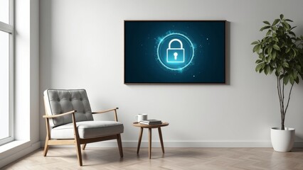 Elegant minimalist room featuring modern armchair, small table, and VPN security alert digital frame