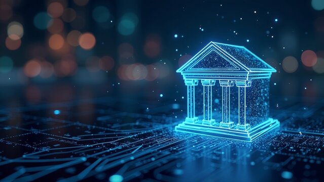 Digital Transformation of Traditional Banking: A Neon Bank Icon Surrounded by Data Connections