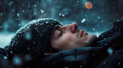 The guy is sad, lying in the snow, the snow is falling