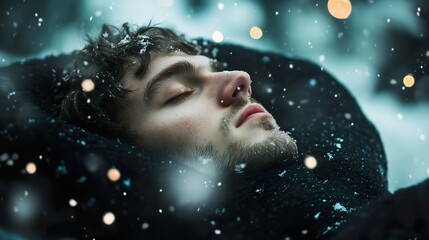 The guy is sad, lying in the snow, the snow is falling