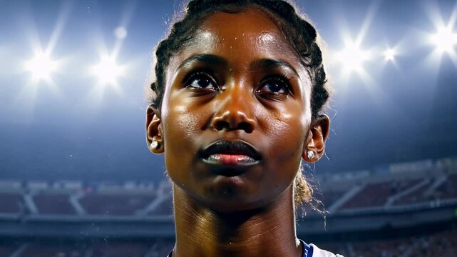 Close-up portrait of a serious sportswoman on a track and field stadium. Join our athlete as she faces challenges head-on, demonstrating her love for the sport on the track!