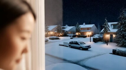 A young woman gazes out from her warm interior, feeling bittersweet as snowflakes dance in the air and holiday lights brighten the neighborhood