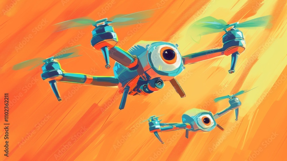 Poster an imaginative illustration of advanced quadcopter drones with expressive eyes navigating a vibrant 