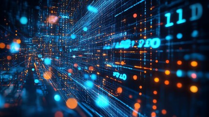 futuristic glowing abstract binary towers city 3d highway concept of big data artificial intelligence machine learning virtual reality hyper loop random seed aspect ratio 16:9