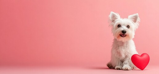 Cute white dog sitting next to a red heart on a pink background.