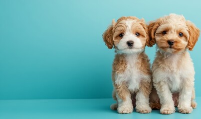 Two cute maltipoo puppy dog on light blue background with copyspace