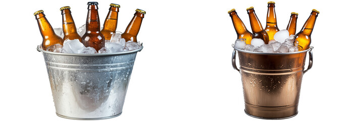 A metal bucket filled with ice and bottles of beer, isolated on a transparent background.