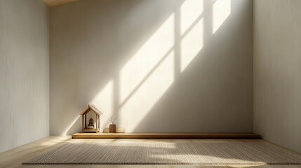 A minimalist zen alcove with a simple woven floor mat