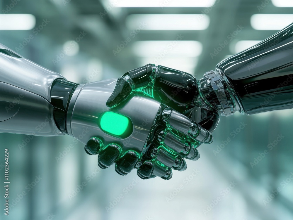 Poster futuristic handshake between two robotic hands in modern technological environment
