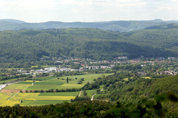 View from mountain to the beautiful ancient city Bad Sooden-Allendorf and river Werra, Germany . High quality photo