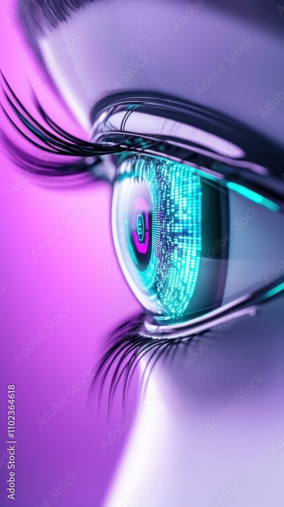 Poster futuristic digital eye display with neon colors reflecting data streams