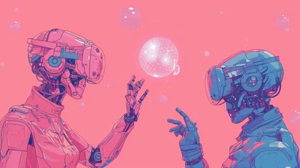 Two humanoid robots, equipped with virtual reality headsets, engage in a digital interaction against a pink background, capturing the fusion of AI and immersive technology. AI generated.