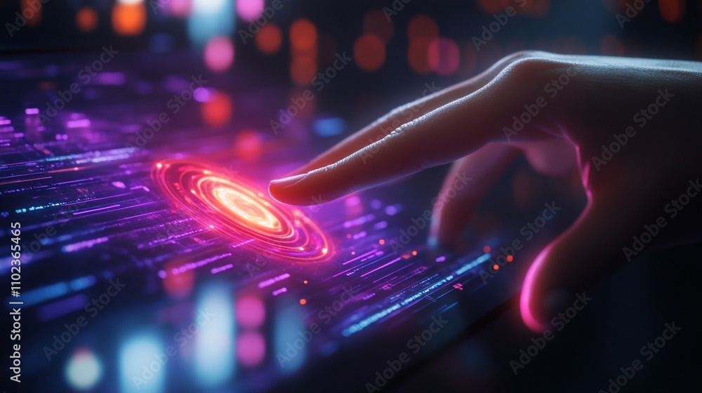 Poster fingertip interacts with glowing digital interface.