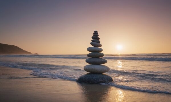 A stack of smooth stones balanced on a sandy beach with ocean waves in the background during sunset, symbolizing balance and tranquility